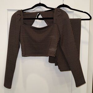 2-Piece Set! House of Harlow 1960 Black and Brown Checkered Crop Top & Skirt Set